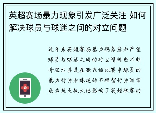 英超赛场暴力现象引发广泛关注 如何解决球员与球迷之间的对立问题