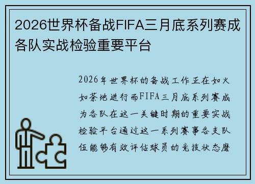 2026世界杯备战FIFA三月底系列赛成各队实战检验重要平台